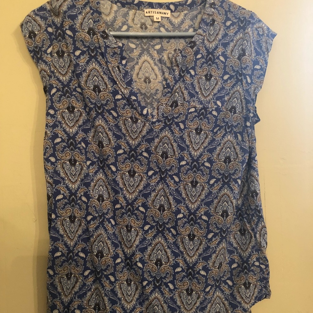 Cap Sleeve Paisely Silk-like Shirt